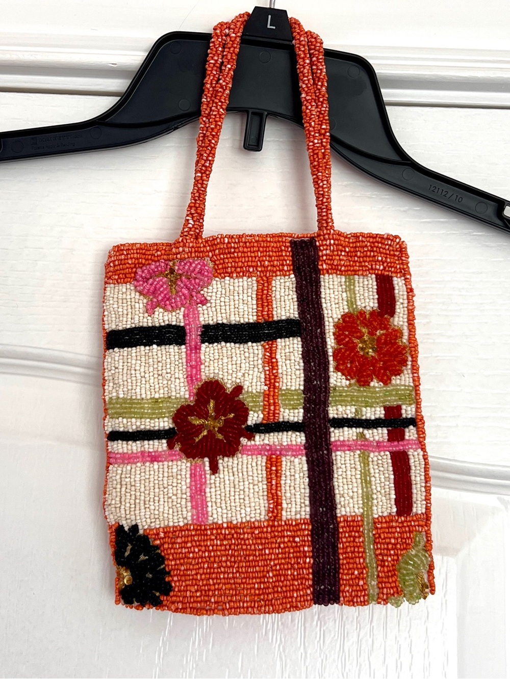 Orange Beaded Floral Grid Mini Bag